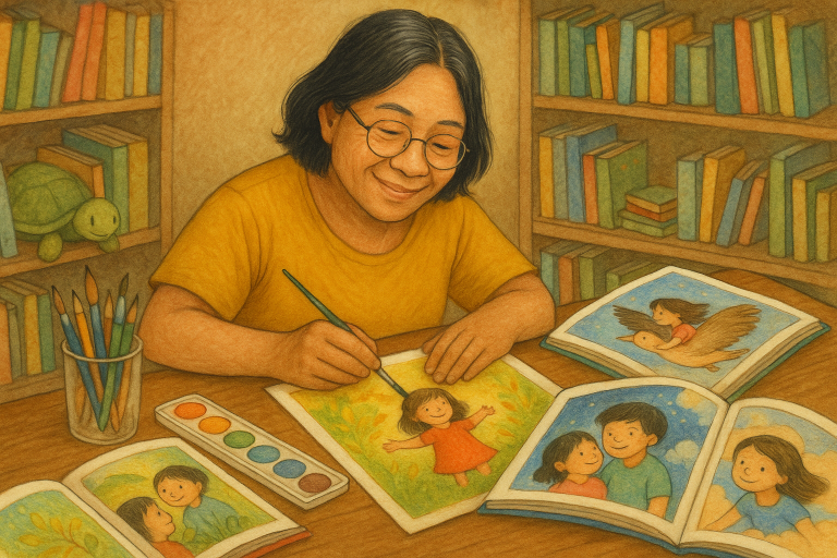 An illustration of Beth Parrocha, a Filipino artist, sitting at a wooden table surrounded by colorful children's book illustrations, carefully adding details to a drawing.