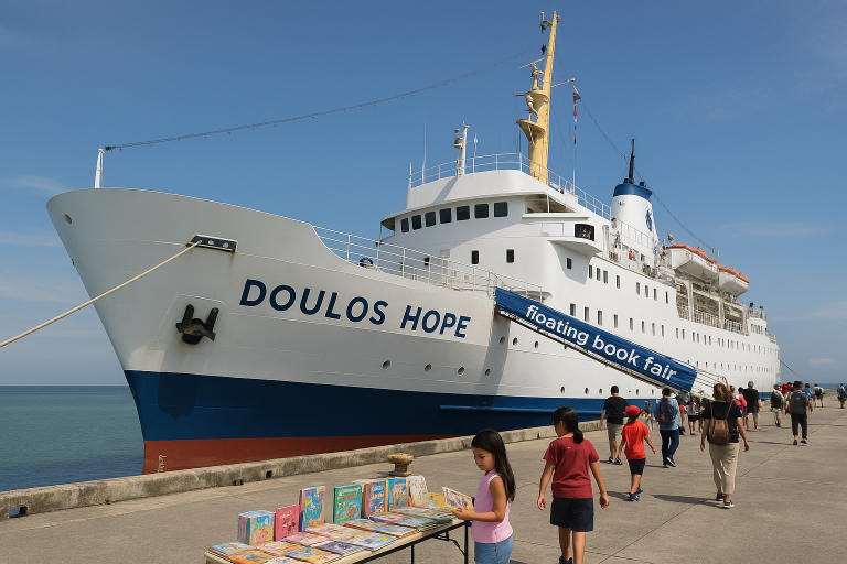 A large white ship named Doulos Hope is docked at a concrete pier under a bright blue sky, with visitors walking toward the gangway to attend the floating book fair.