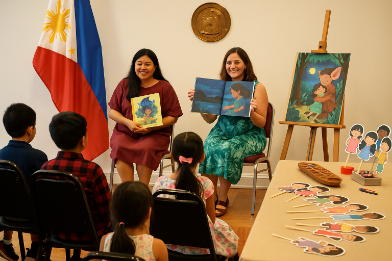 Two women lead a Filipino storytelling session at the Philippine Center in New York, reading bilingual children's books to a group of attentive children, with a Philippine flag and traditional Filipino games displayed nearby.