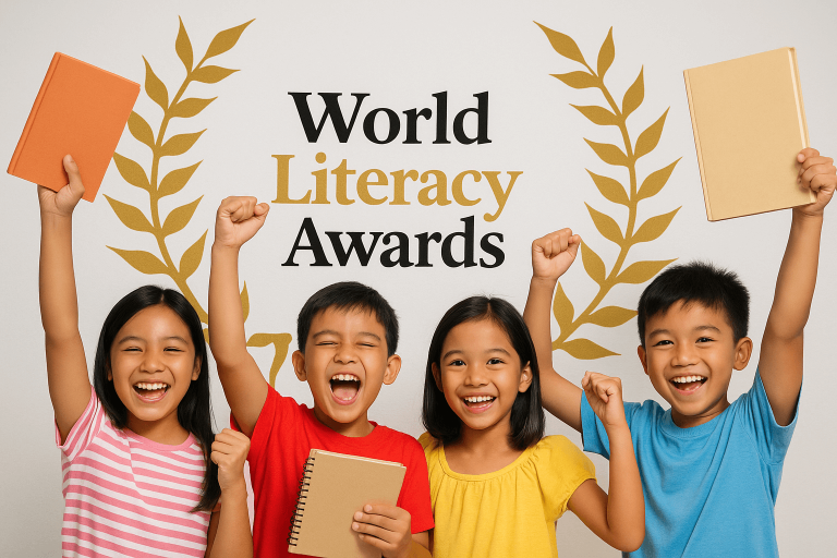Four joyful Filipino children holding books and cheering in front of the World Literacy Awards logo, symbolizing a celebration of reading and literacy.