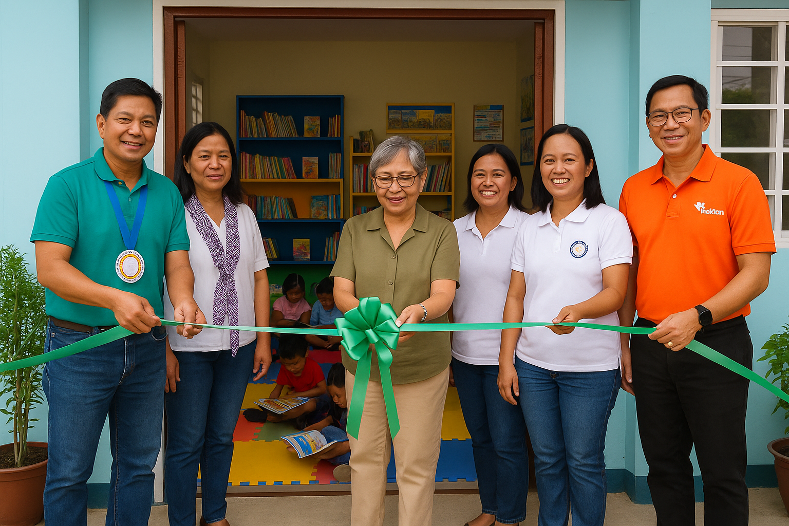 Ribbon-cutting ceremony outside La Union’s first barangay library, with Filipino community members celebrating the opening, colorful bookshelves visible through the entrance.