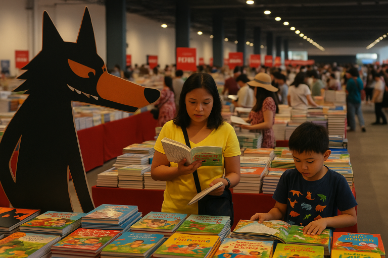 Shoppers browse tables filled with colorful books at the 2025 Big Bad Wolf Book Sale in Metro Manila, with a young boy reading a Filipino children’s book near a large Big Bad Wolf cutout.