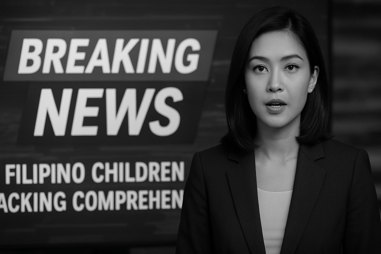 A serious-looking Filipino news anchor reports breaking news about Filipino children lacking reading comprehension, with bold headlines in the background.