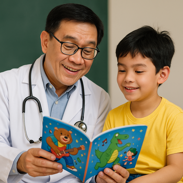 Asian male doctor wearing a white lab coat reads a colorful children’s book to a young boy in a yellow shirt, both smiling and engaged in a cozy indoor setting.