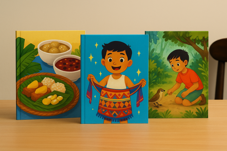 Three colorful Filipino children’s books displayed on a wooden surface, featuring illustrated covers about Filipino food, culture, and folklore.