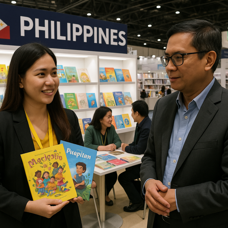 Filipino woman holding children’s books speaking with a man at the Philippine booth during the Abu Dhabi International Book Fair 2025