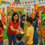 Rex Education booth showcasing Filipino children's books at the 2025 Philippine Book Festival, with families and young readers exploring colorful displays.