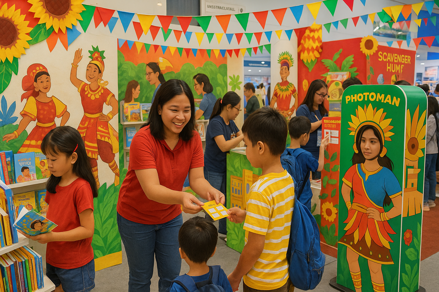 Rex Education booth showcasing Filipino children's books at the 2025 Philippine Book Festival, with families and young readers exploring colorful displays.